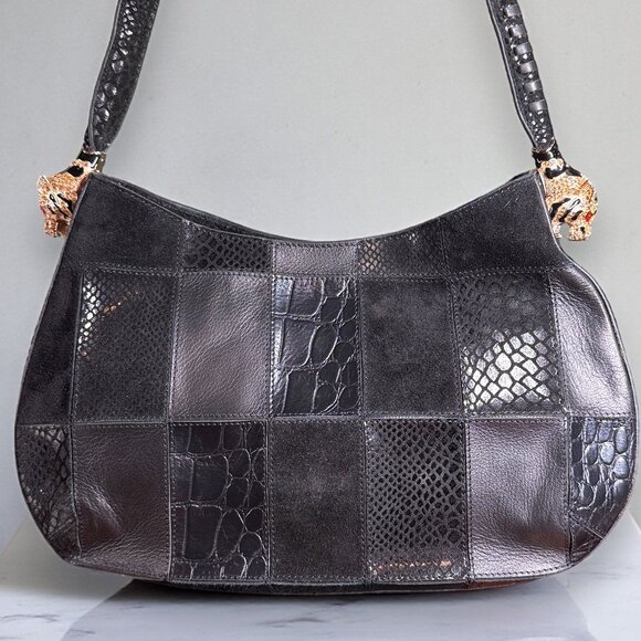 Sharif Suede & Leather Python Embossed Patchwork Gold Tiger Head Shoulder Bag - Picture 1 of 16